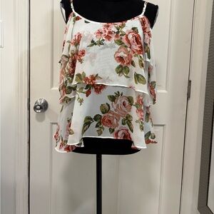 Show Me Your MuMu‎ Tiered Floral Tank Off Shoulder Blouse Ruffled Roses Feminine